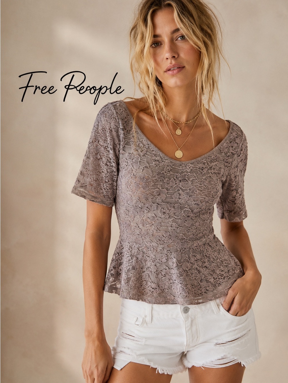 🌸Y2K Free People Gray Lace Peplum 3/4 Sleeve Top size S boho coastal summer
